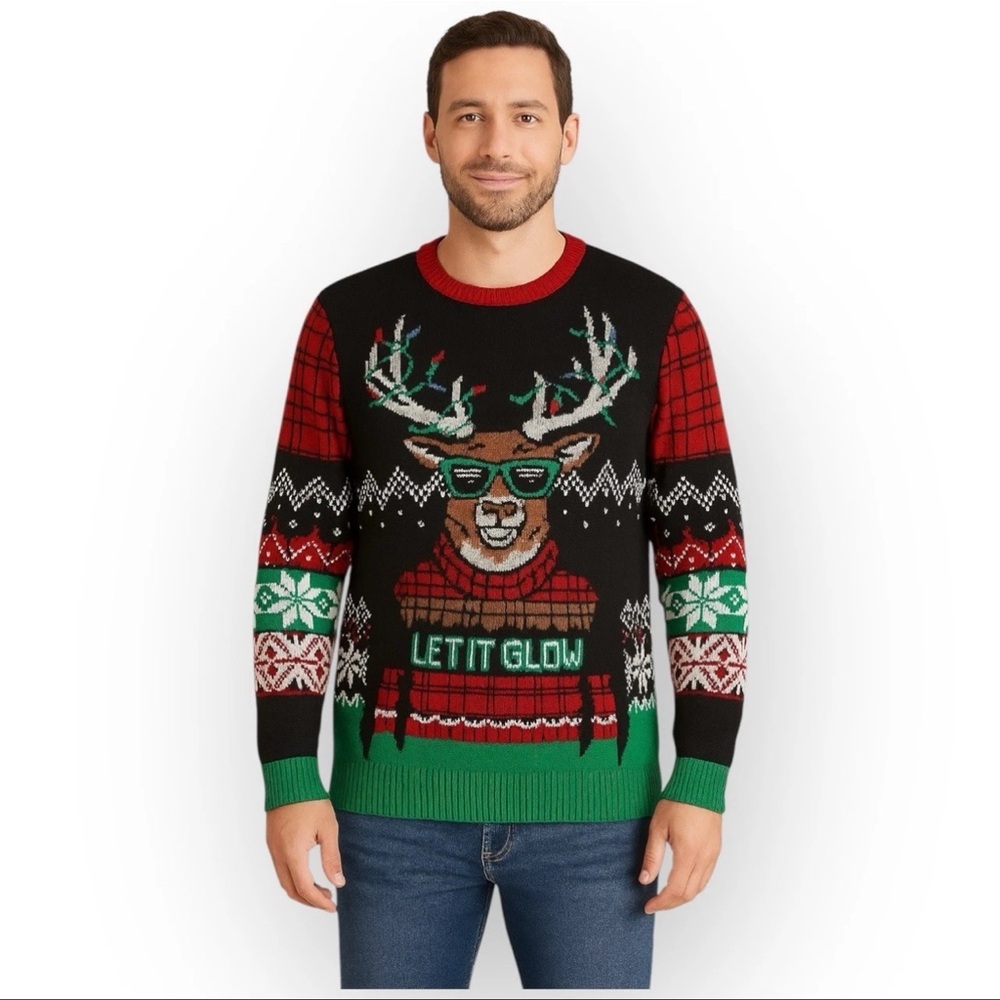 Ugly Holiday Christmas Men's Sweater “Let It Glow” Reindeer Pullover Size M EUC